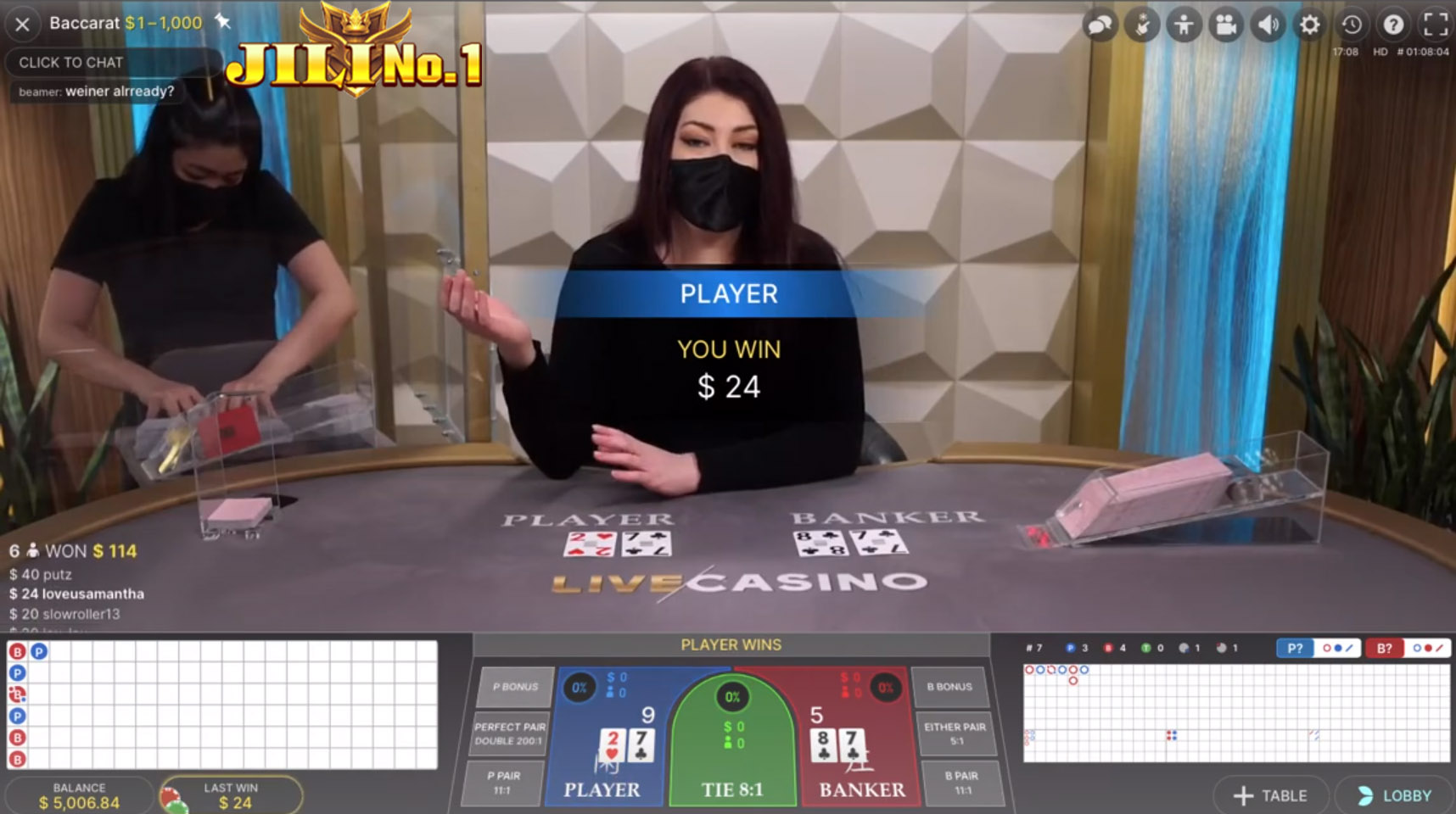 Baccarat game on JILINo1 with high winning rate